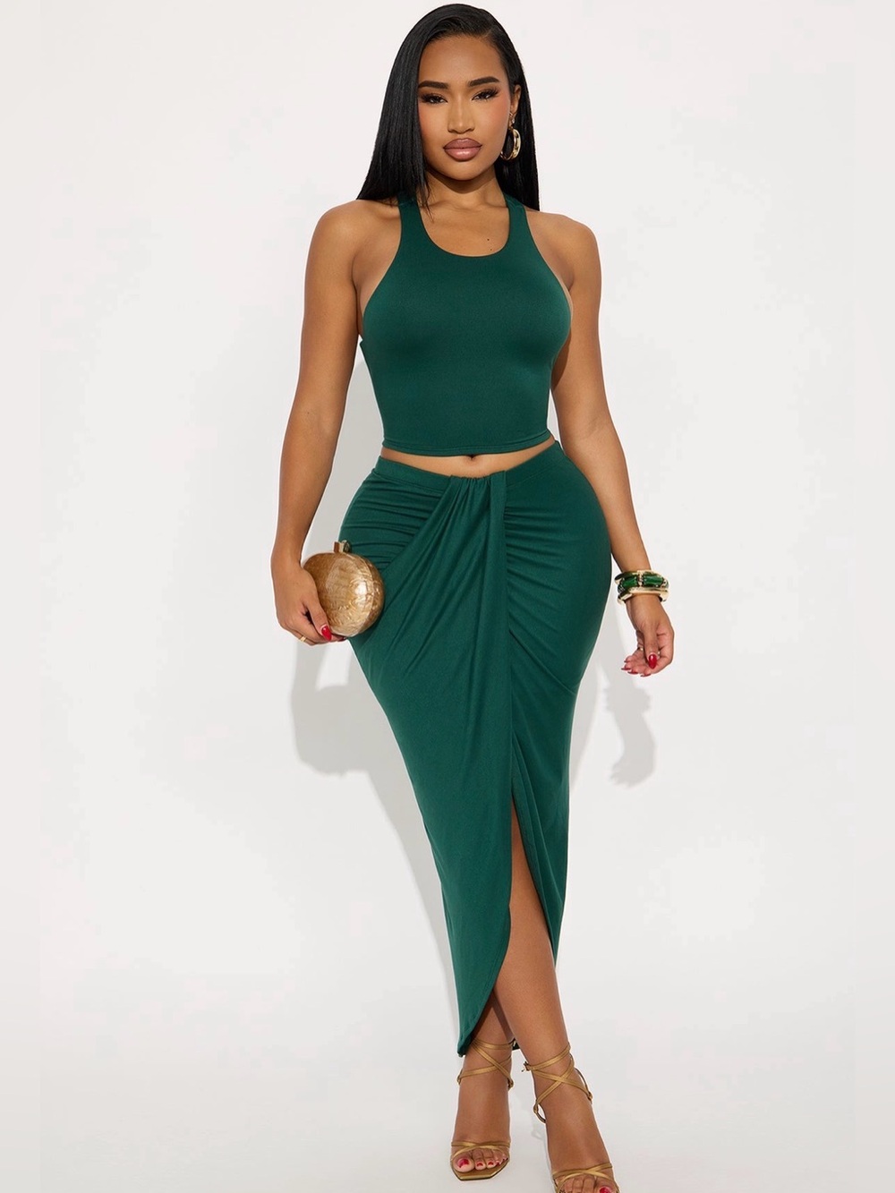 Green Ruched Front Maxi Skirt - Women's Elegant Pencil Skirt- Hunter Green